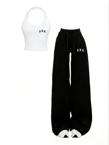 Women's New 2-Piece Set Outfit, Simple Chic Sexy Fitted Crop Top Tube Top with Ada Print + High-Waisted Drawstring Straight Leg Pants, Urban Outdoor Nightwear