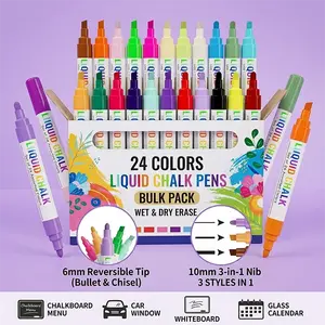 Liquid Chalk Markers Bulk Set of 24 Chalk Pens with Reversible 6mm Bullet Chisel Tips & 10mm 3 in 1 Nib - Neon Earth Pastel Colors - Non-Toxic Wet Dry Erase Marker for Chalkboard Signs Whiteboard Window Glass Car Calendar Bistro Menu, For Kids Teachers Ad