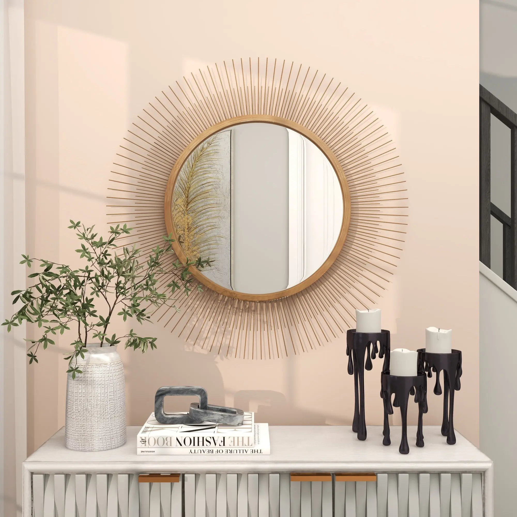 Starburst Gold Iron Wall Mirror for Home Decor, Light Thin Wire Rods, Reflective Entryway Room Accent, Round