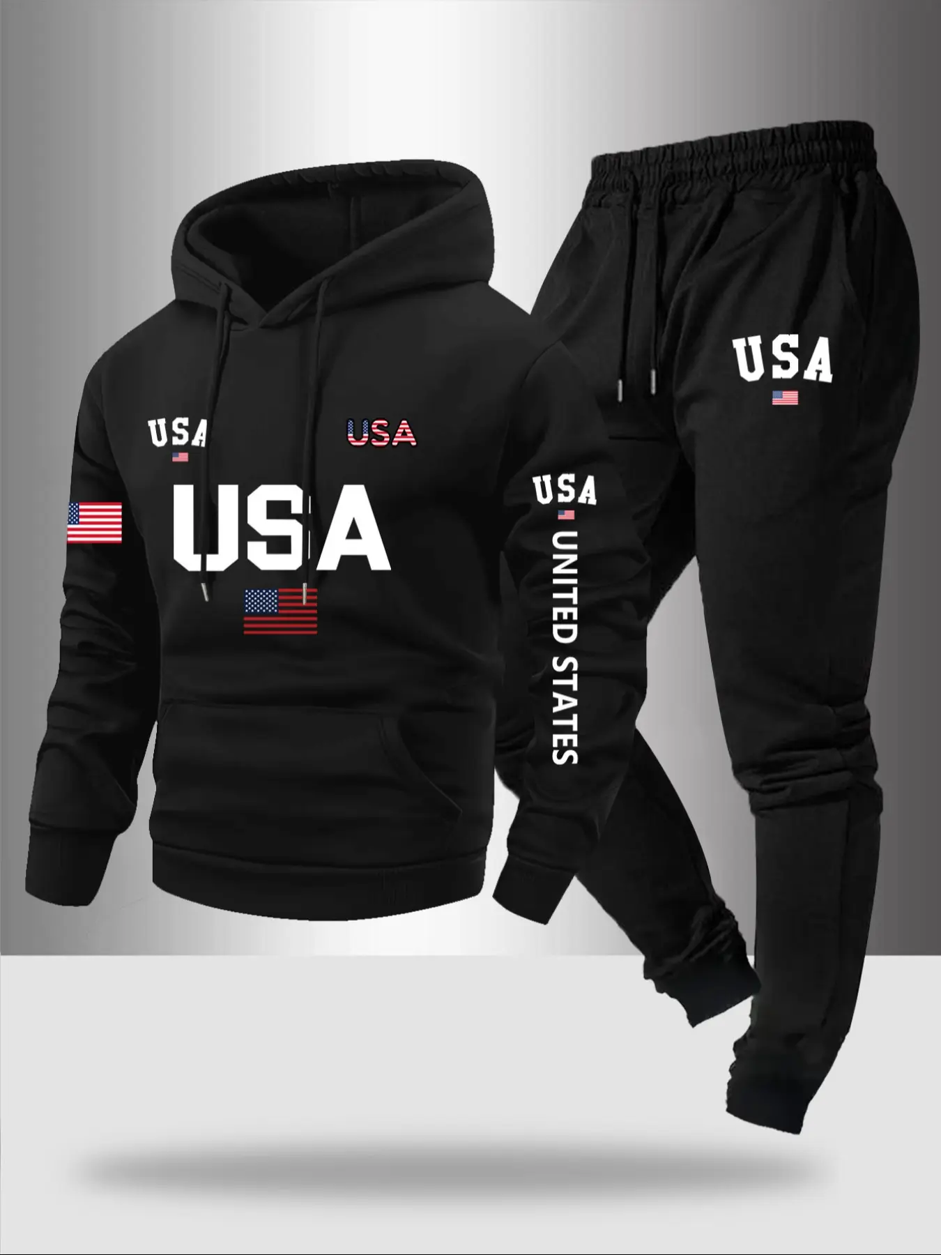 Men's Fall Winter Fleece Sweatshirt Set, Letter Flag Graphic Hoodie + Drawstring Casual Sport Pants, 2 Piece Set, Streetwear Tracksuit Set, Sweatsuits Set