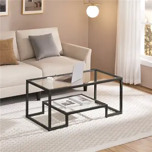 Yaheetech 42''Coffee Table, Tempered Glass Center Table with Geometric-Inspired Design & Metal-Frame & Easy Assembly & Open Storage Shelf