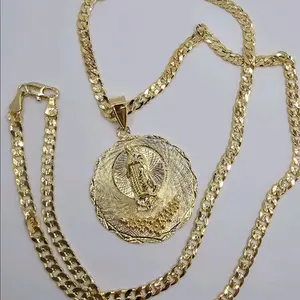 VIRGIN MARY with flowers  Cuban necklace style gold-plated beautiful design no fade no tarnish just don't take long showers with them gold over stainless