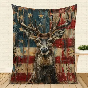 Rustic Deer Head Digital Print Fleece Blanket - Comfortable and Soft, Featuring an American Flag Design, Suitable for Home, Office, Travel, and Camping | Machine washable, polyester fiber suitable for All Year Round