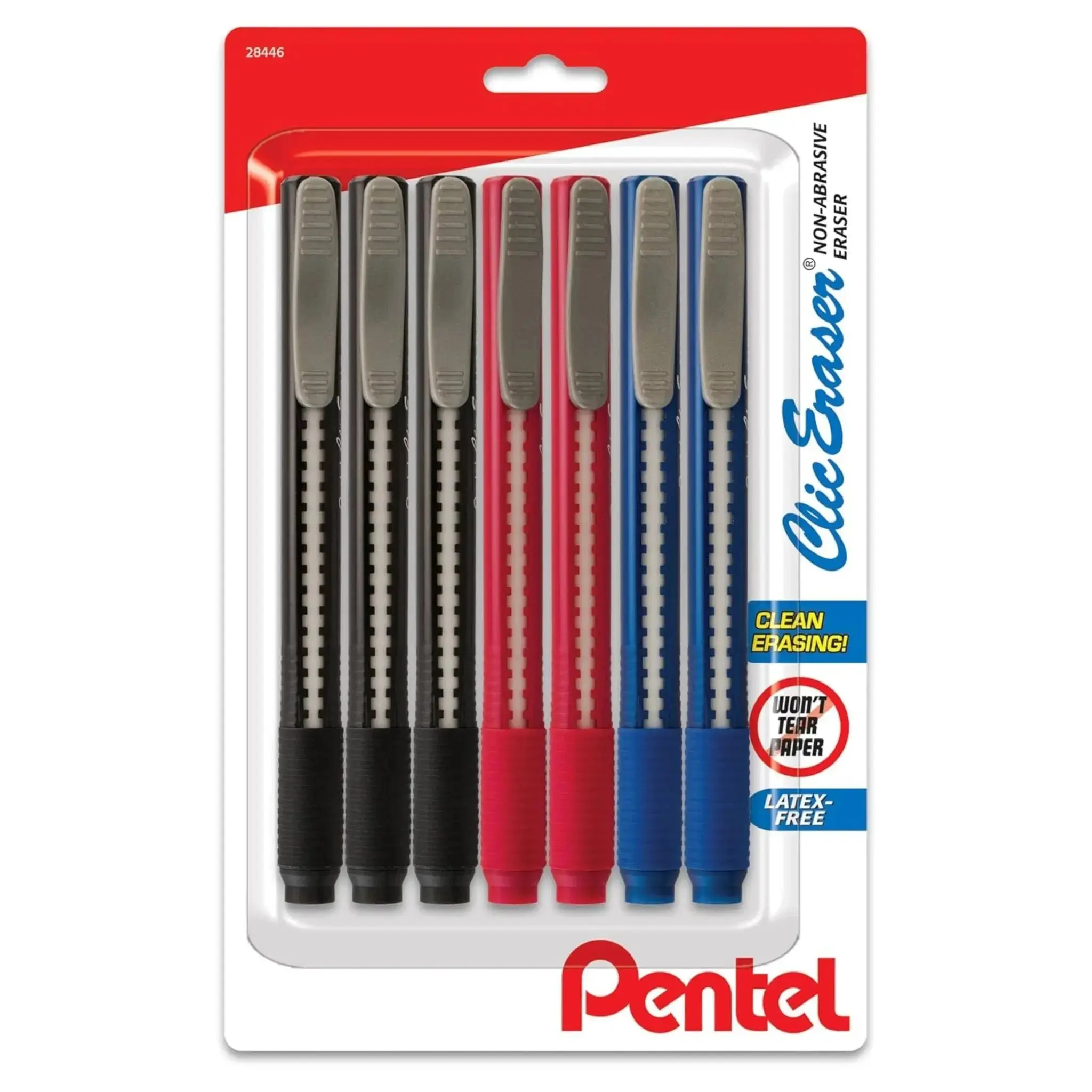Pentel Clic Eraser Grip Retractable Eraser, 7-Pack, Latex-Free White, Advanced Retractable Design, Convenient Pocket Clip, Assorted Office Barrel Colors, Clean Erase, Precise and Clean Erasing, Prevents Scuffing, Office & Classroom Use