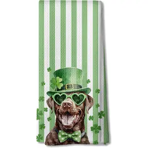 Labrador Retriever St. Patrick's Day Towels, Chocolate Lab Gifts Dish Tea Towels for, Striped Green Lucky Clovers Lab Dog Hand for, 16x24 Inch