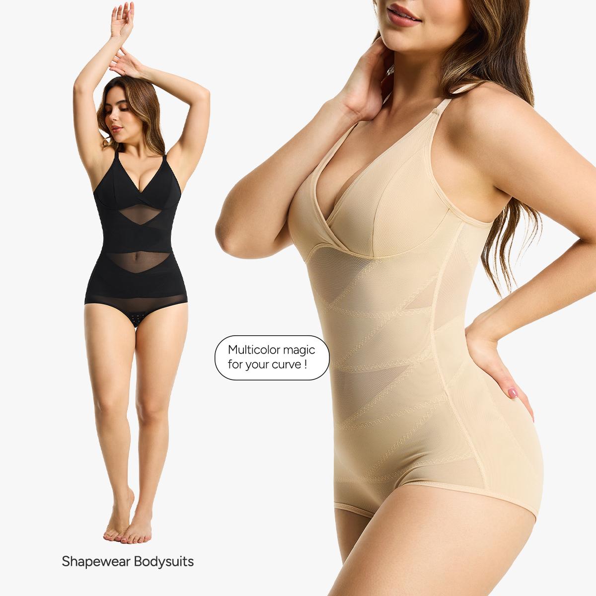 [MAX] Nebility Women's Vneck Bodysuit Shapewear - Built-in Bra, Mesh Breathable Compression, Sleeveless High Waisted, Basic Minimalist Comfort Womenswear Black&Black summerwins