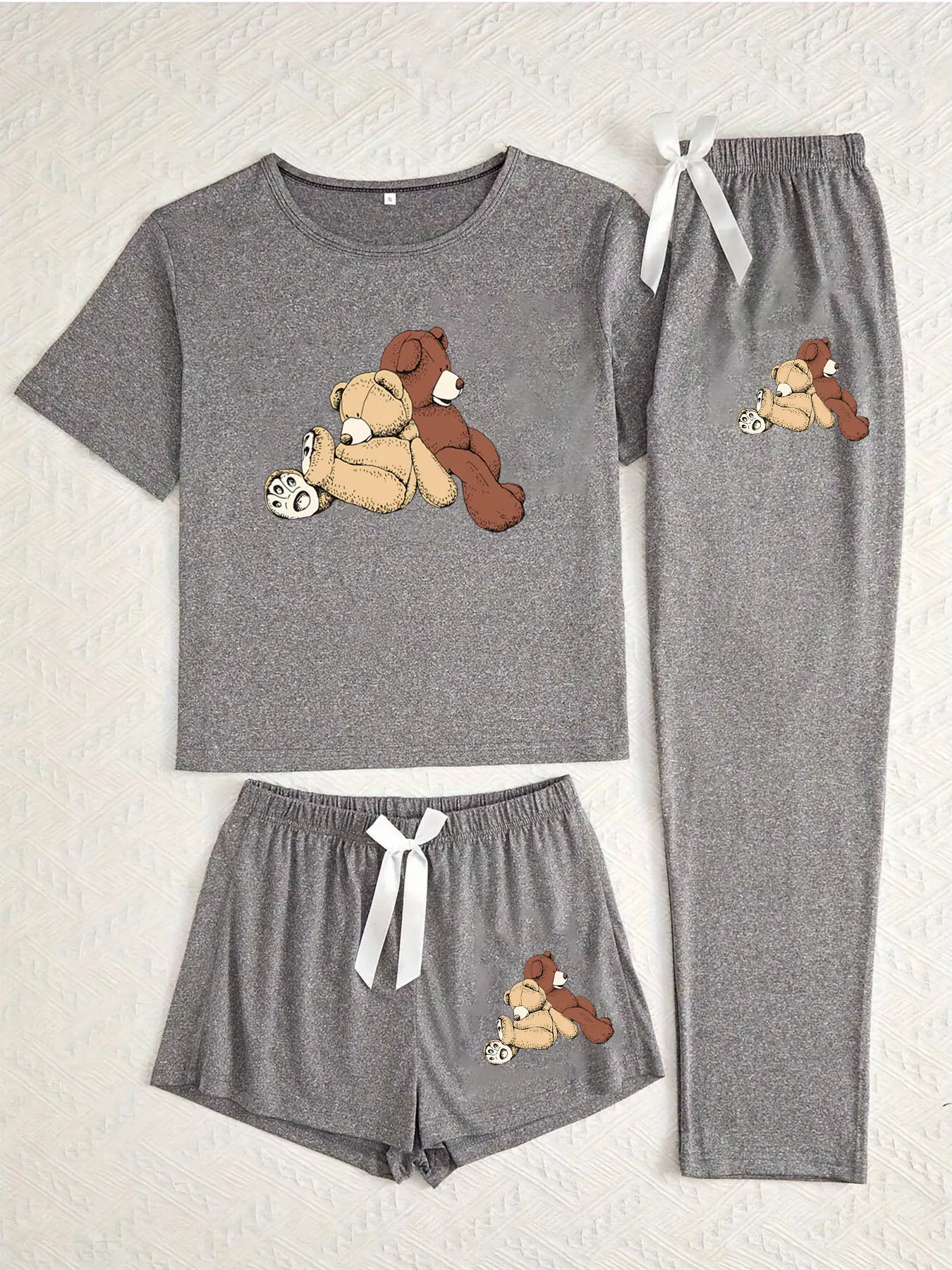 Women's 3-Piece Pajama Set, Matching Outfit, Cute Bear Print Sleepwear, Casual Fitted Nightgown, All-Season Comfortable Loungewear, Pjs, Pajama Bottoms, Cute Pajama Sets