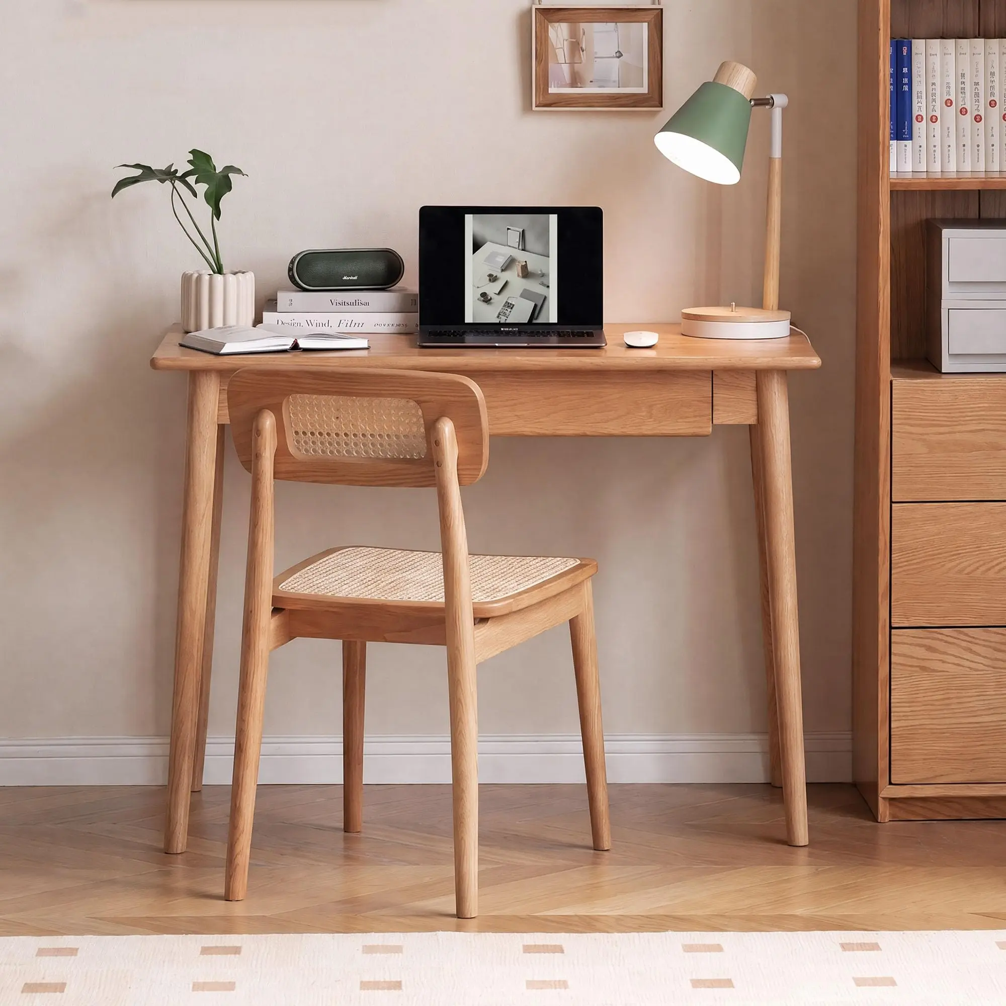 YESWOOD 100% Solid Oak Wooden Desk Home Office Desk Mid Century Modern Writing Computer Desk with Drawer for Home Office 31"/39''