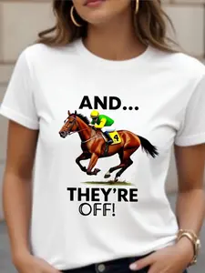 Ladies' Short-sleeved T-shirt, Featuring The Design "They're Off!" Printed On It, Casual Round Neck, Elastic And Soft Fabric, Machine Washable, Fashionable Summer Top, Trendy Clothing, Comfortable Fit, Perfect Mother's Day Gift,, Streetwear