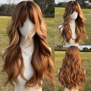 SMILCO 26" Wavy Highlight Brown With Blonde Synthetic Wig, with Curtain Bangs, Glueless, Natural-Looking Scalp,Holiday Haul, Full Machine Cap, Adjustable Straps & Breathable Cap, Vibrant Color & Soft Texture SM412#Summervibes