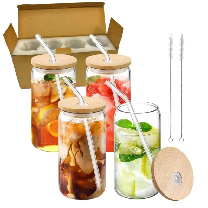Glass Drink Jar with Bamboo Lid & Straw, 4 Counts/set Glass Drink Jar with Cleaning Brush, Drink Container, Drinkware for Home & Party, Drinking Glassware, Kitchenware Drinkware