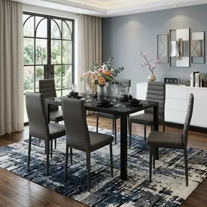 Glass Top Dining Table Set with High Back PU Leather Chairs, Available in 4-Chair & 6-Chair Options, Modern Kitchen & Dining Room Furniture Set, Comfortable Upholstered Chair Set for Living Room Restaurant Home
