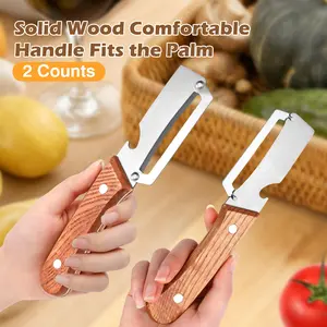 2PC Stainless Steel Blade Wooden-Handled Vegetable & Fruit Peeler, Ergonomic Kitchen Tool with Built-In Bottle Opener