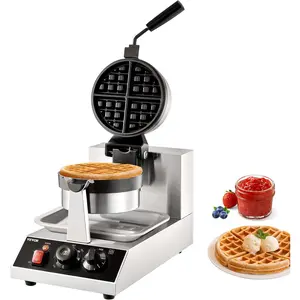 VEVOR Commercial Waffle Maker, 1300W Round Waffle Iron, Non-Stick Rotatable Waffle Baker Machine With 122-572 ℉   Temp Range and Time Control, Teflon-Coated Baking Pan Stainless Steel Body 120V