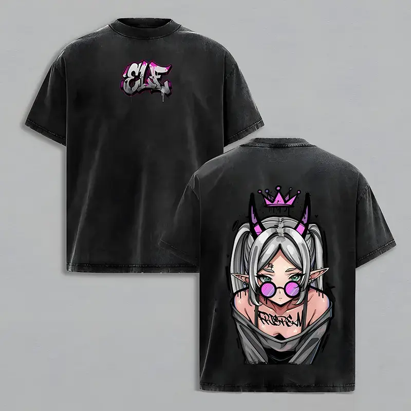 Vintage Washed Men's T-Shirt, Oversized Heavy Cotton Streetwear with Frieren Anime Graphic and a Casual Shortsleeve Grunge Vibe, Tops, Tshirt, Menswear, Anime Print, Demon, Crew Neck, Hand Wash Safe, Retro, Round Neck, Oversized Cut, Casual Tee, Japanese