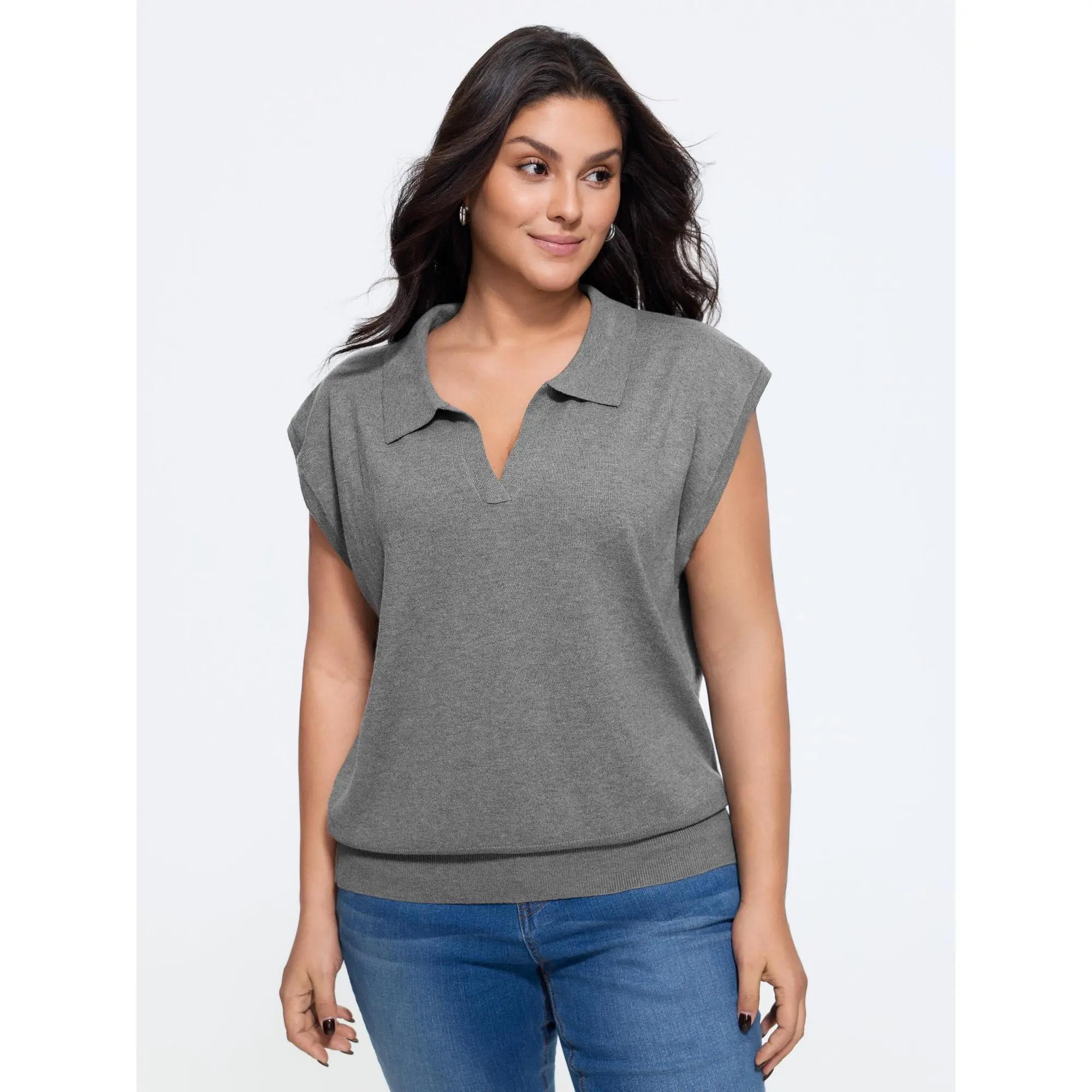 BLOOMCHIC Women's Plus Size Heather Sleeveless Split Polo Collar Loose Polyester Fabric Button Garment Sweater Vest [M-6X] 2026 Summerfinds, Fit, Lady, Basic, Flat, Casual, Tops