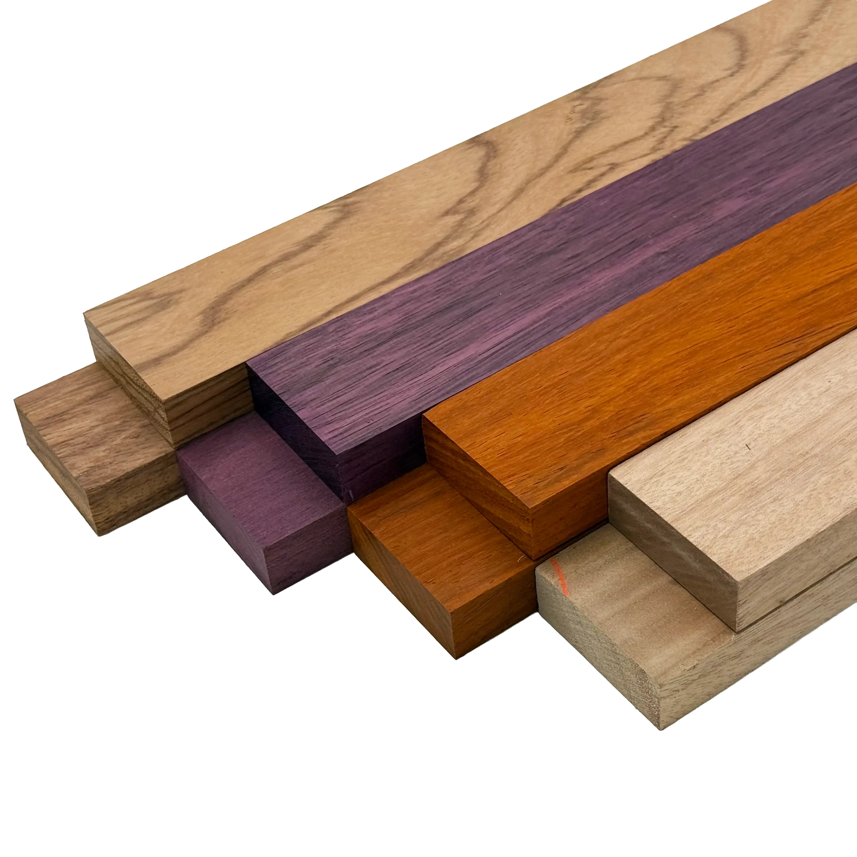 Imported Exotic Hardwood Variety Pack - Red Zebrawood, Purpleheart, Padauk, Okoume - 3/4" x 2" (8 Pcs)
