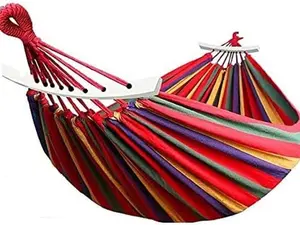 Extra-Large Multicolored Striped Fabric Hanging Hammock Swing - Outdoor Hammock Set with Wooden Support Poles, Portable Design, Storage Bag, Ropes, Ideal for Gardens, Camping