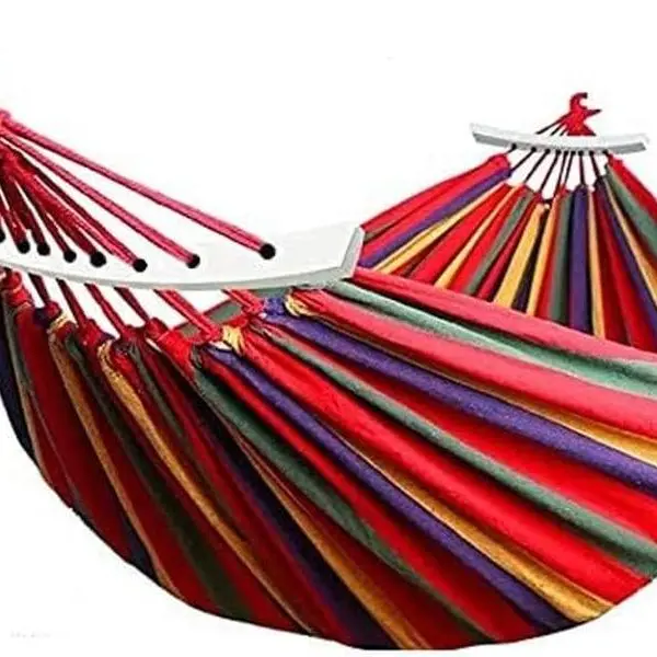 Extra-Large Multicolored Stripe Hanging Hammock Swing - Outdoor Hammock Set with Wooden Support Poles, Travel-Light Carry Bag & Ropes, Bag-Packed Storage, Full-Body Support, Durable Casual Suspension Seat for Garden, Patio