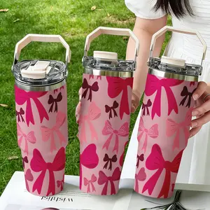 30oz Stainless Steel Handheld Water Bottle, Bow Print Design, Dual-Layer Vacuum Insulated, Portable Travel Cup with Lid