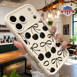 Cute Cherry Bow Pattern Case for iPhone 17 16 15 14 Pro Max 13 12 11 XR XS Plus Air Slim Shockproof Anti Drop Protective Durable TPU Cover Aesthetic Protection Safety