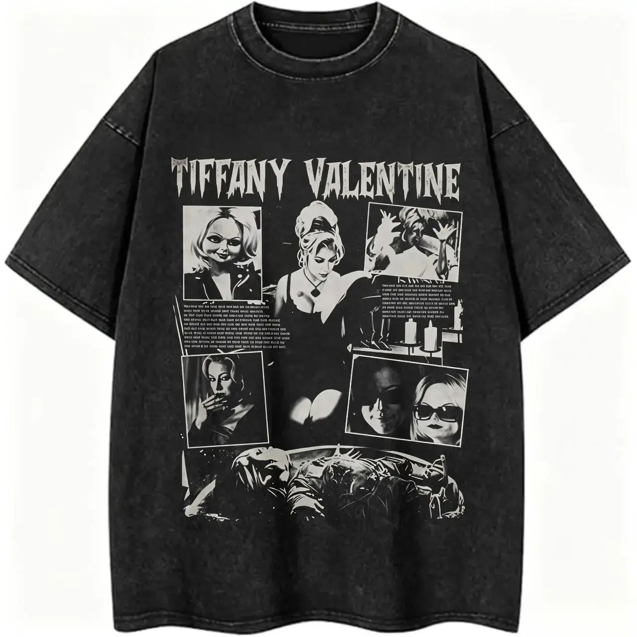 Vintage Washed Black Horror T-Shirt |   Tiffany Valentine Bride of Chucky Graphic Print, Casual Oversized Short Sleeve For Men Women Outdoor,graphic tees,men's t shirts,short sleeve,graphic shirts,humor graphic tee,cotton graphic tees
