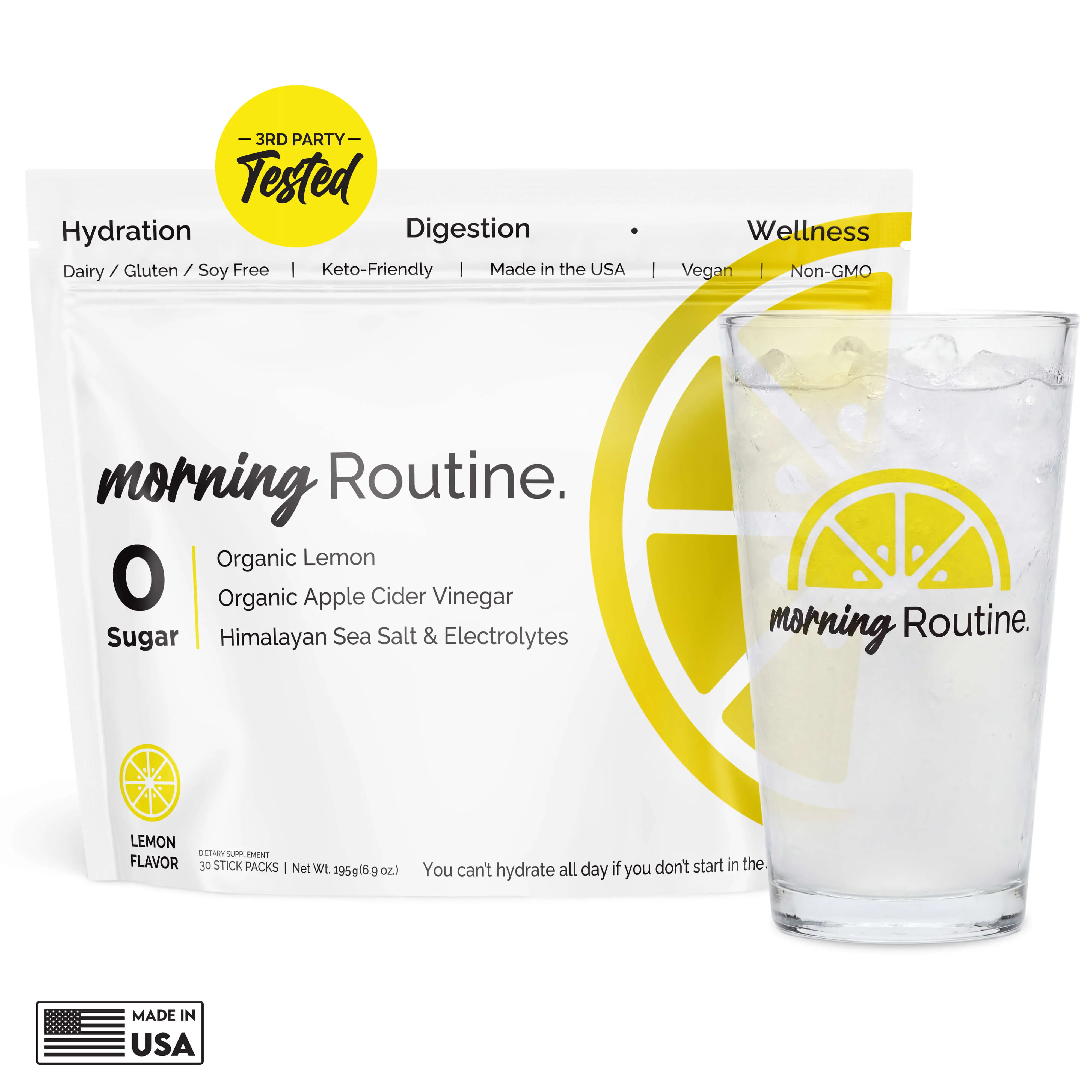 Morning Routine 30-Pack | Organic Daily Hydration Electrolytes with Apple Cider Vinegar Organic Powder, Lemon & Sea Salt | No Sugar, Vegan, Keto-Friendly, All 6 Essential Electrolytes