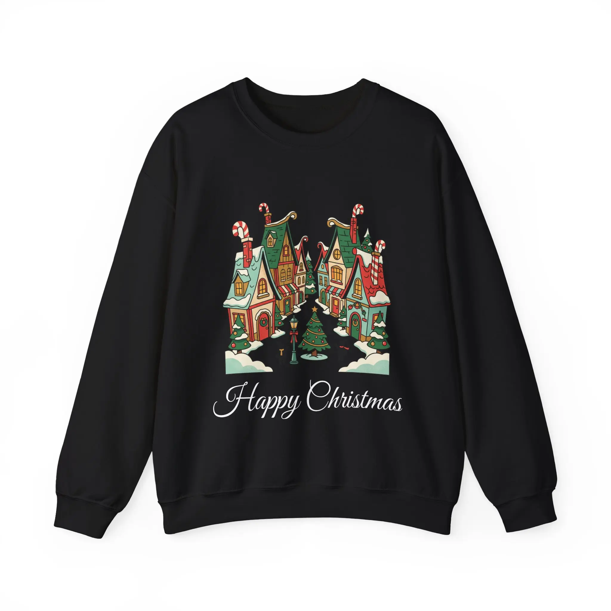 Men's Vintage Candy Cane Christmas Village Sweatshirt - Casual Tops, Ribbed Knit Fabric, Happy Christmas, Embroidered, Fit, Everyday, Long Sleeve, Printed, Round Neck, Menswear, Knitwear