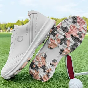 Women's Professional Non-Slip Golf Shoes, Comfortable Large Size 36-43, White Upper with Pink & Black Camouflage Sole, All-Season Training Sneakers for Golf Sports