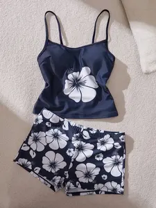 Women's Swimwear Cute Bohemian Style Hibiscus Flower Print, Built-In Bra, Paired With Boyshort Bottoms, Suitable For Vacation, Beach, Pool And Sports Wear, Autumn/Winter, Valentine's Day, Spring/Summer 2026 New Arrival
