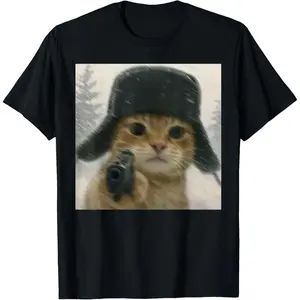 Wacky Cat Wearing Ushanka Hat  Meme Cat Humor T-Shirt