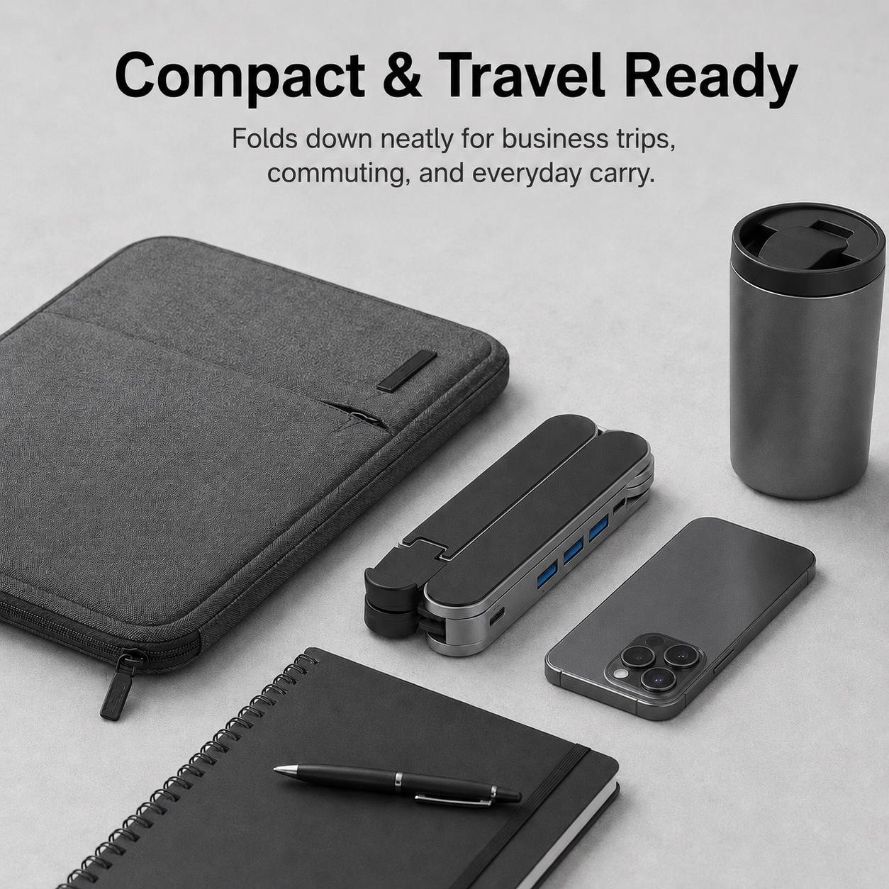 Gunmetal Laptop Stand with Foldable USB Hub, Adjustable Ergonomic Desk Riser, Multi-Port Expansion for MacBook, PC, Tablets & Travel Use