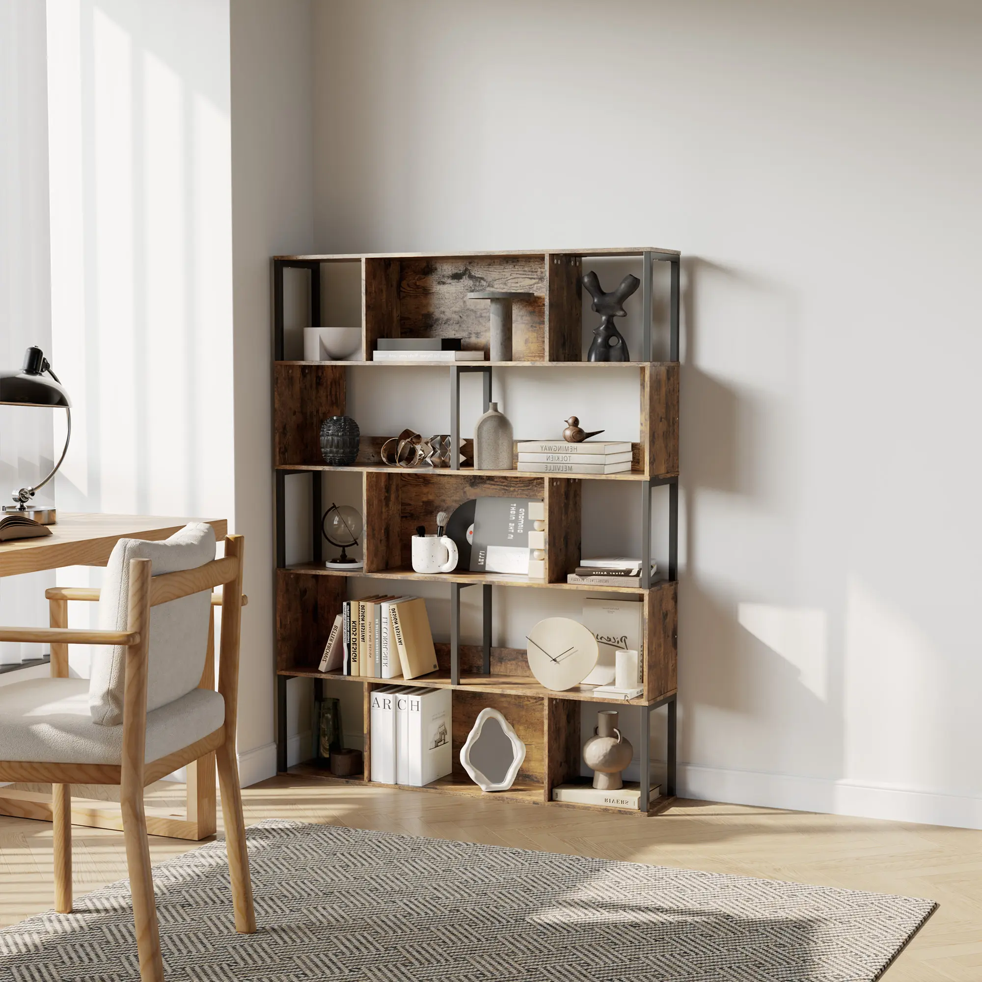 5-Tier Geometric Bookshelf - Modern Mid-Century Indoor Furniture Shelf with Anti-Tipping Devices, Room Divider & Collectibles Display for Living Room, Home Office, Easy Install, Multi-Shelf Organizer Living Room Furniture