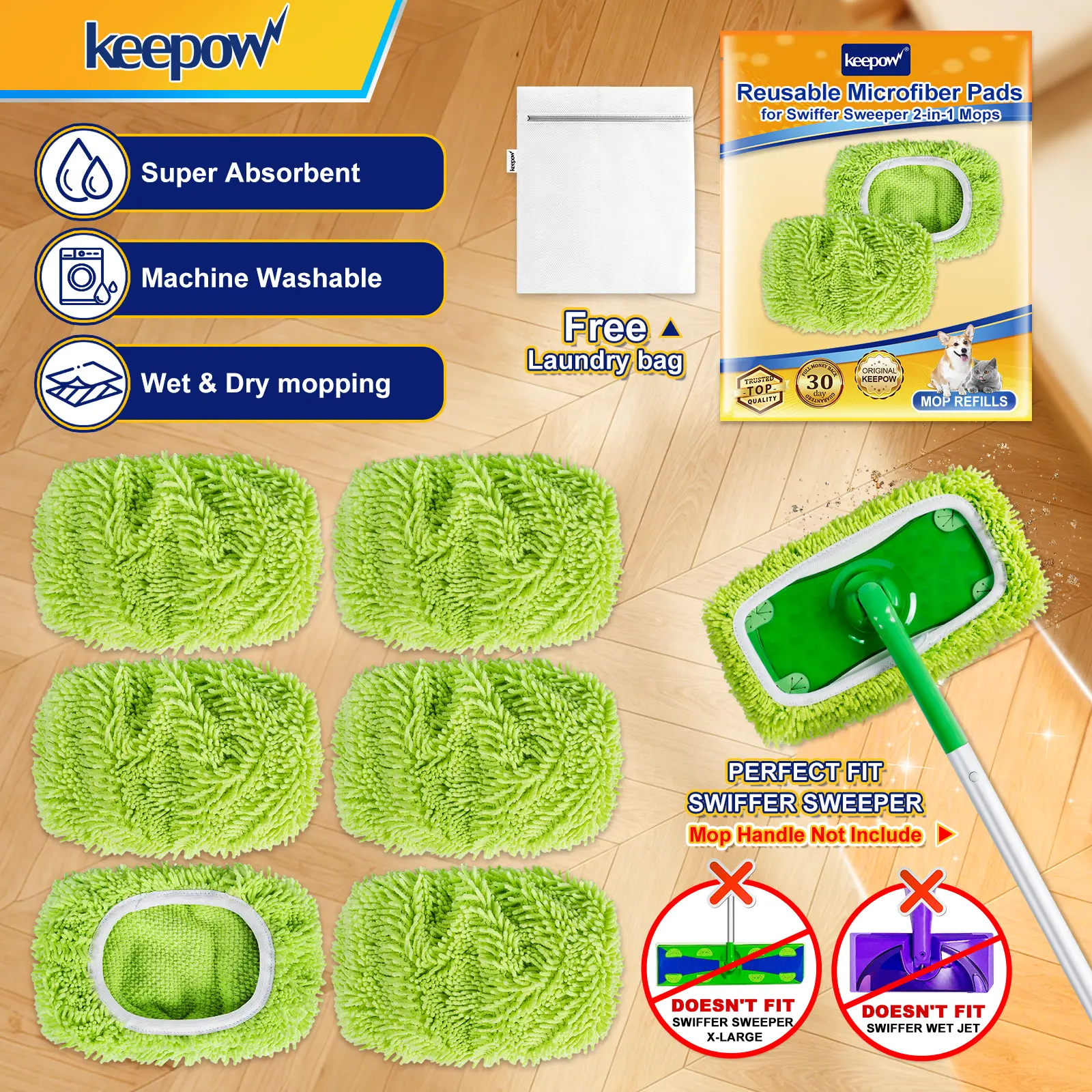 KEEPOW Dry Sweeping/Wet Mopping Reusable Cloths for Swiffer Sweeper Mop Deluxe Reusable & Washable Microfiber Mop Pads for All 10 Inches Flat Mop (Mop is Not Included)