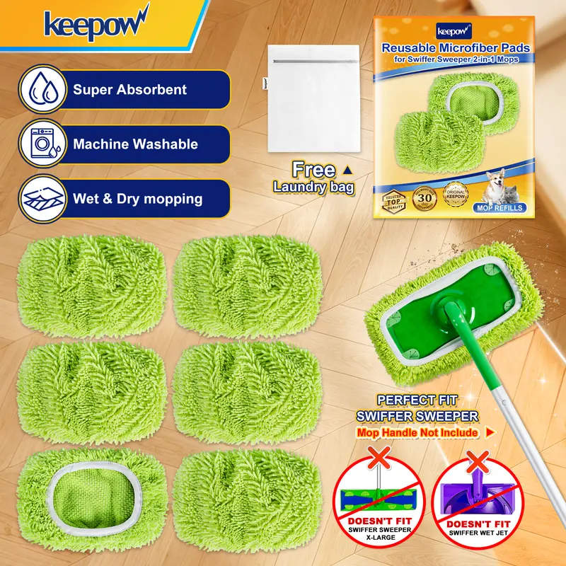 KEEPOW Dry Sweeping/Wet Mopping Reusable Cloths for Swiffer Sweeper Mop Deluxe Reusable & Washable Microfiber Mop Pads for All 10 Inches Flat Mop (Mop is Not Included), Microfiber Mop Refills, Cloth Pads, Flat Mop Pad