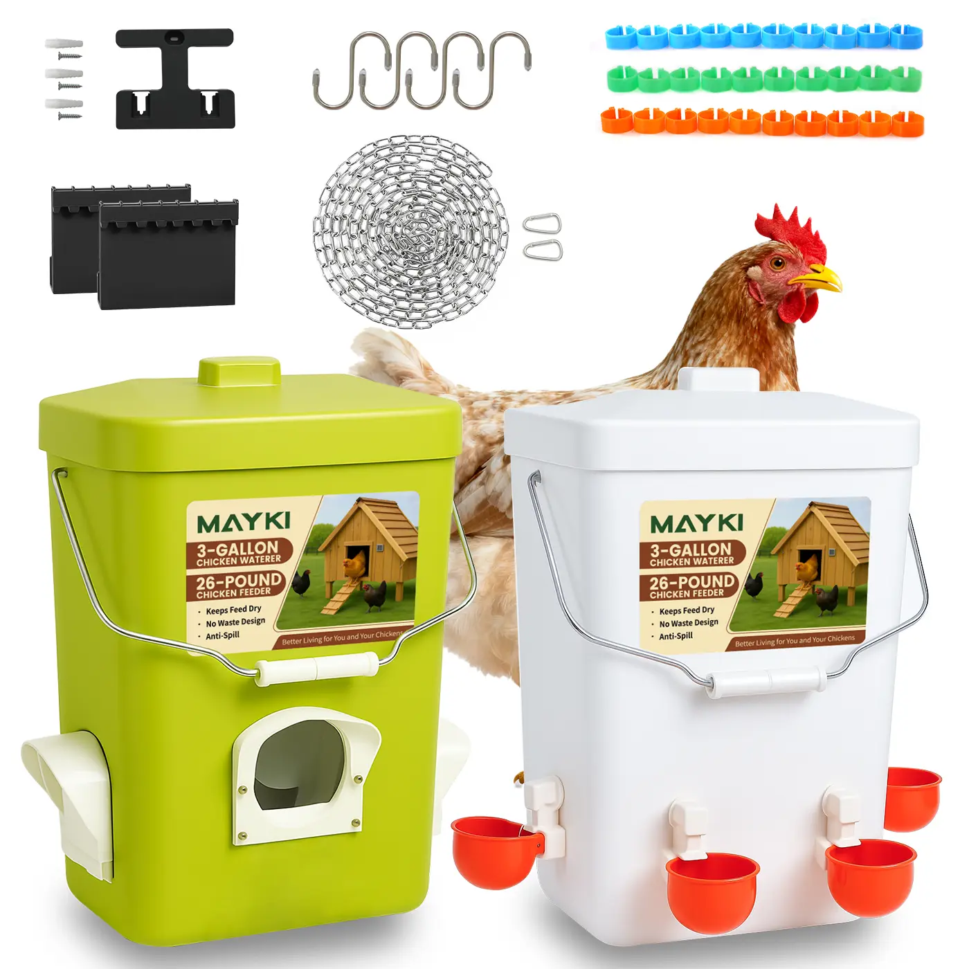 MAYKI 3 Gal/26 LB No-Waste Poultry Feeder and Waterer Set, Hanging Automatic Coop Accessories with Upgraded Port & BPA-Free Winter Design, for 10 Hens