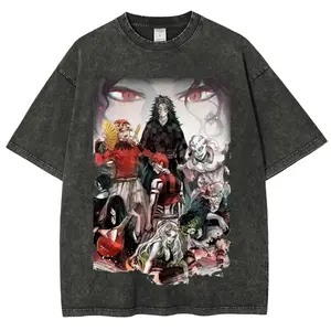 Vintage Washed Black Graphic T-Shirt, Men’s Oversized Streetwear Tee with Dark Japanese Mythical Characters Print, Soft Cotton Loose Fit Casual Daily Wear