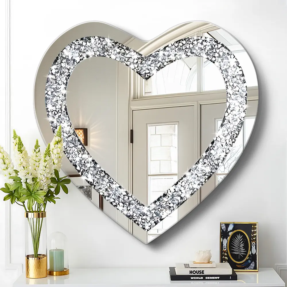 20x20 inch EntrywayDecorative Heart Wall Mirror, Crystal Crush Diamond Heart Shaped Silver Mirror, Modern Irregular Shaped Wall Mirror – Jeweled Framless Wall Mirrors Accent Silver Wall Decor for Living Room, Bedroom, Bathroom