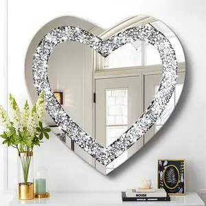20x20 inch EntrywayDecorative Heart Wall Mirror, Crystal Crush Diamond Heart Shaped Silver Mirror, Modern Irregular Shaped Wall Mirror – Jeweled Framless Wall Mirrors Accent Silver Wall Decor for Living Room, Bedroom, Bathroom