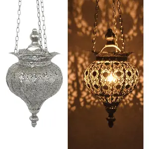 Westcharm Antique Silver Oriental Moroccan Ramadan Lantern Metal Hanging Pendant Light Candle Lantern Lamp Decorative Decor Indoor Outdoor - Small Pier Surplus