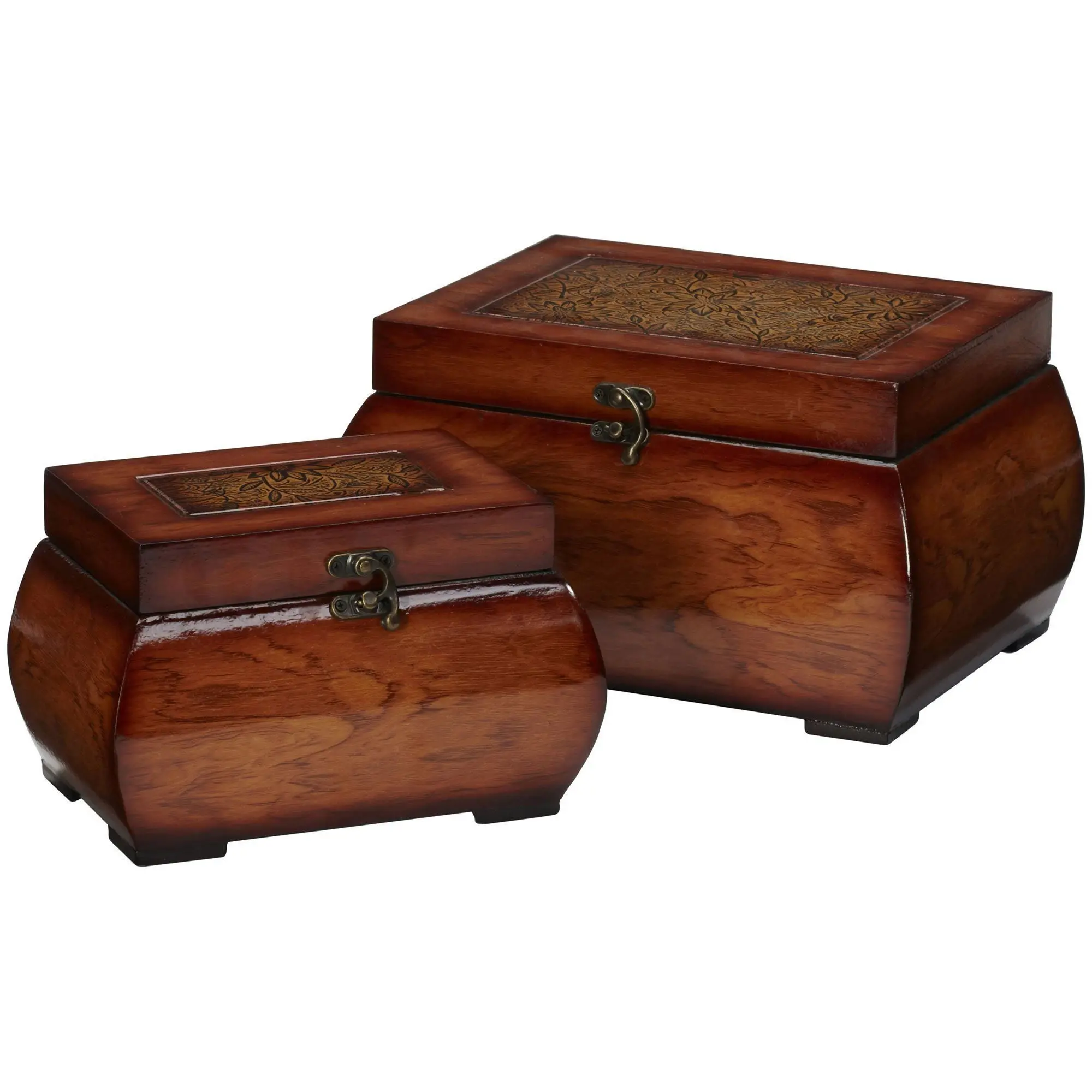 Floral 2-Piece Vintage Gloss Finish Lacquered Wood Storage Box Set, Decorative Organizer Chests for Home Supplies, Vintage Things & Room Accessories