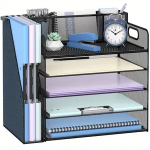 5-Tier Paper Organizer for Desk with 3 Pen Holder and Magazine Holder, Paper Letter Tray Desk Organizer for Home, Office, School