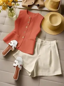 Summer Casual Fashion Women's Fitted Solid Two-Piece Set, Sleeveless Cardigan for Comfortable Vacation Style, Relaxed for Hot Weather