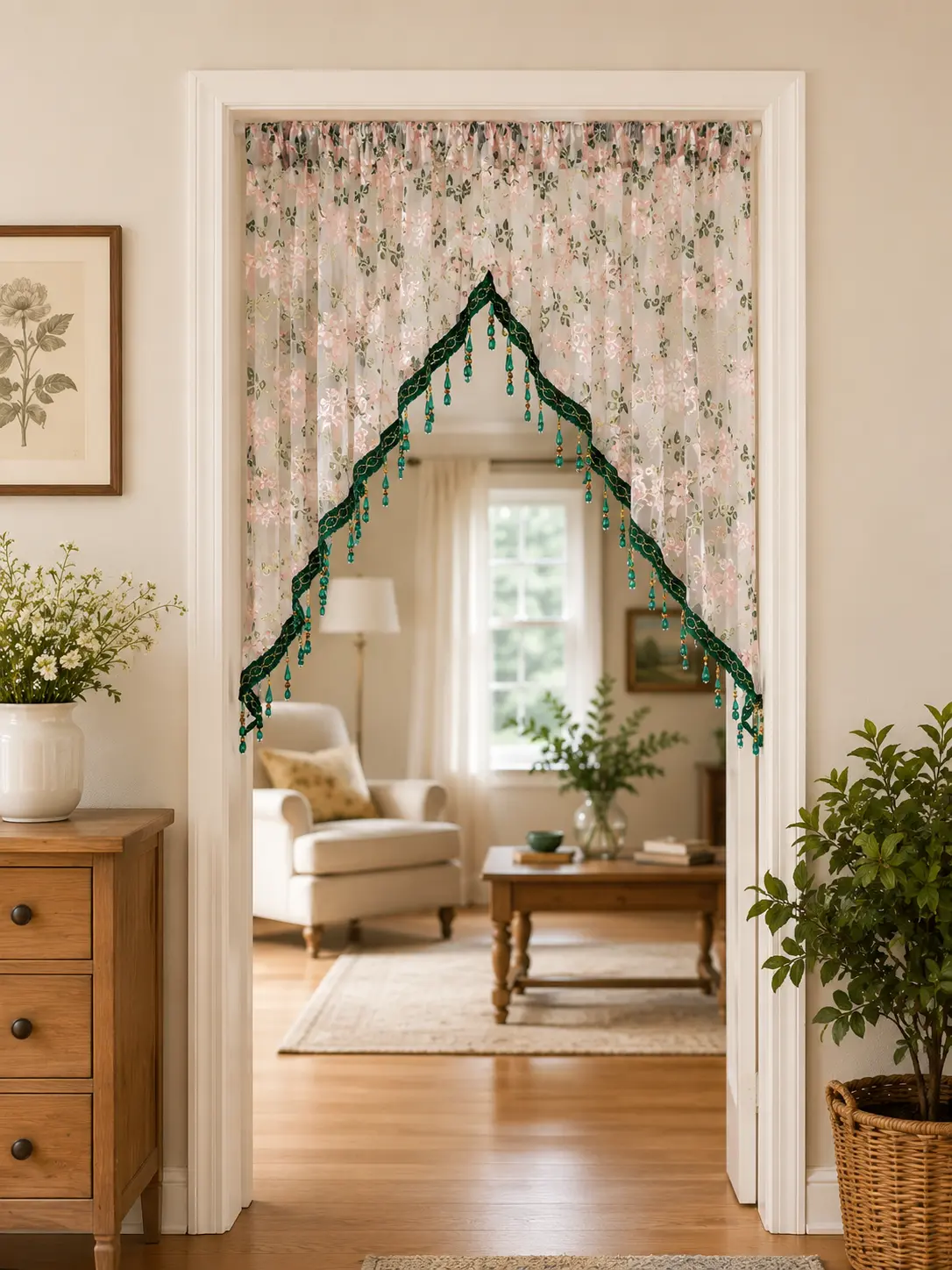 Rustic-Style Room Decor - Vintage Floral Embroidered Lace Canopy, No-Drill Beaded Curtain, Perfect for Dorms, Rentals, and Home Decor