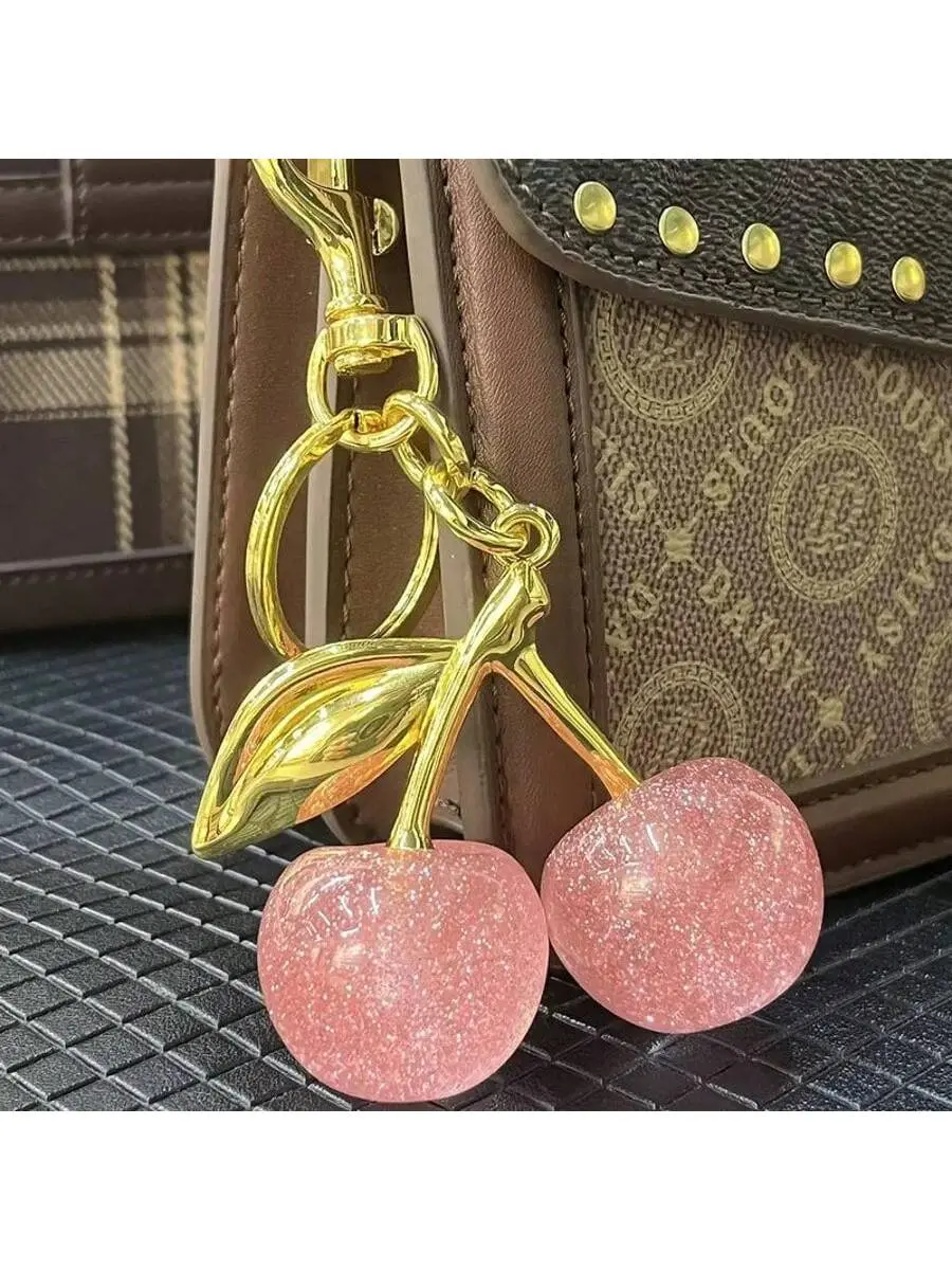 Cherry Keychain Bag Charm: Cute-Elegant Leather Keyring for Women Adorable Accessory for Purses, Handbags, Car Keys Ideal Romantic Gift for Anniversary, Wedding, Heart, Blingbling Sweet Girl Vibe "Bag" Accessory, with Built-in Bling Flash Buff