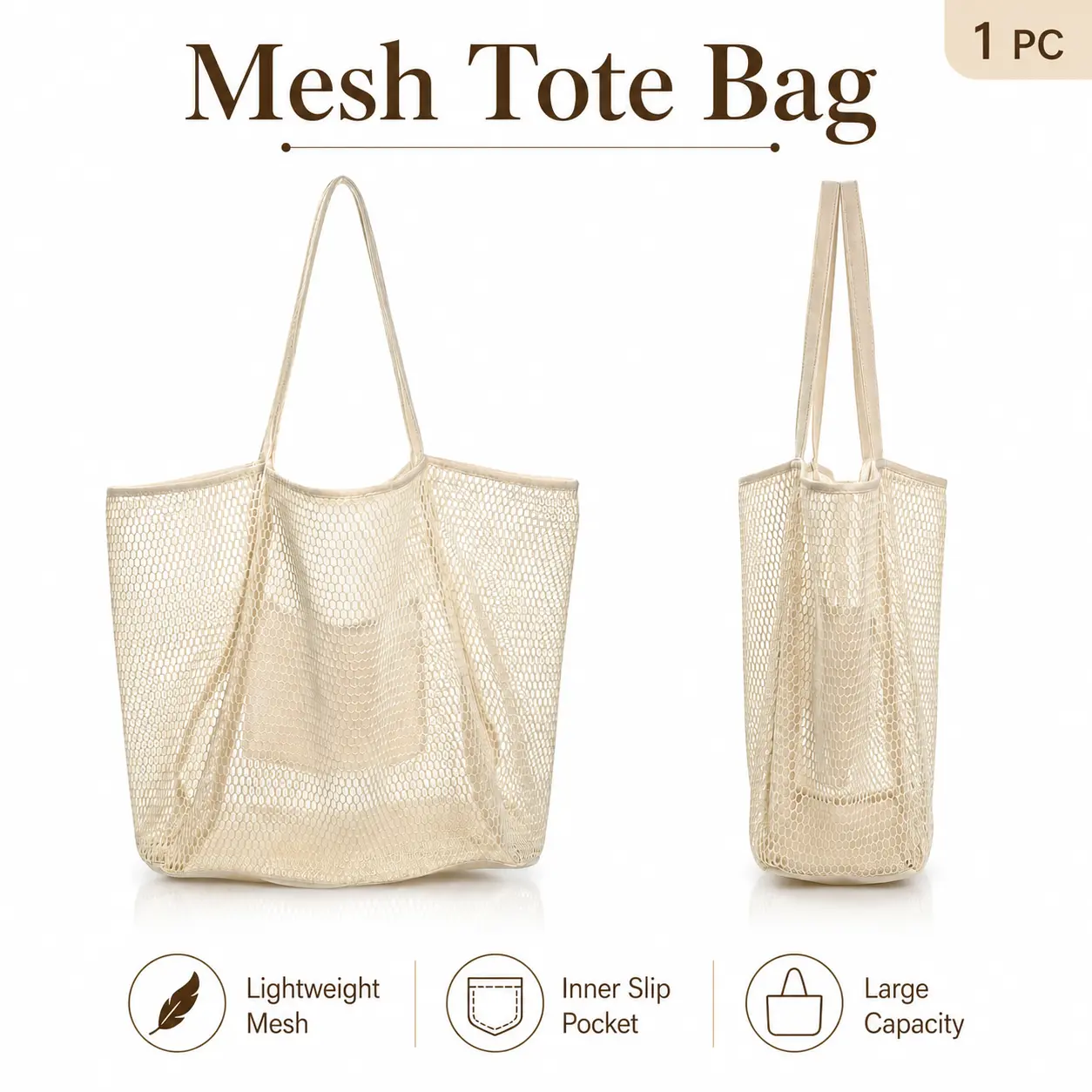 Women’s Mesh Fabric Beach Tote Bag - Foldable, Lightweight, Breathable, Packable Shoulder Bag for Pool & Travel, Everyday Carry (Sports & Outdoor Gym Accessory), Folds Easily