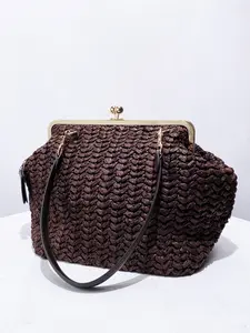 Handmade Grass Satchel Beach Bag, Kisslock Frame Clip Bag, Boho Style, All Seasons, Large Capacity, Crossbody Shoulder Bag
