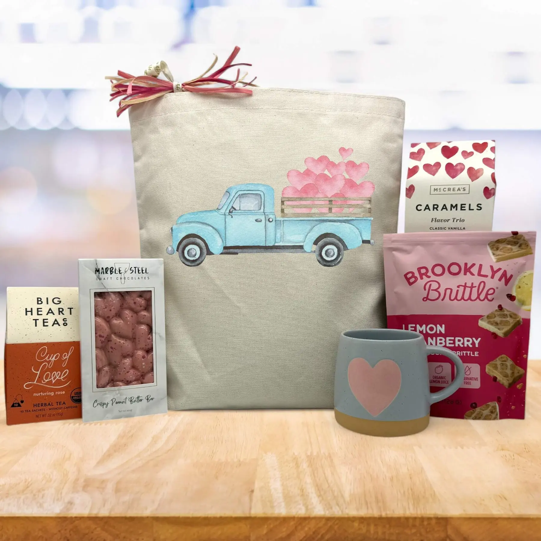 Itsonlynaturalgifts Valentine's Day Gift Basket with Heart Truck Tote Big Heart Teas Caramels Brooklyn Brittle & Mug Special Delivery