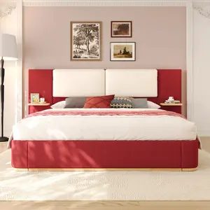 Queen/King Size Upholstered Platform Bed with Panel, Platform Bed Frame with Anti-Collision Soft Rounded Corners, Stable and Solid, No Box Spring Needed, Easy Assembly, Red