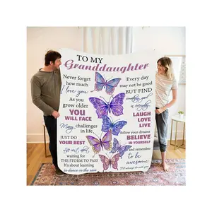To My Granddaughter Cozy Fleece Blanket with Vibrant Butterflies & Heartwarming Inspirational Quotes - A Loving Gift to Encourage and Comfort Her